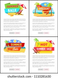 Online summertimw sale web pages sample text set. Discount in Internet shop website templates. Summer price off promo with beaches vector illustrations.