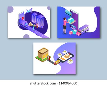 Entrega súper rápida en línea, concepto isométrico con cajas de entrega, mensajero y señora entregando al punto de destino, navegación de mapas en una pantalla de smartphone.