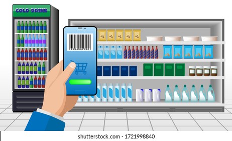 Online supermarket concept.  hand holding smartphone using shopping app  . vector image .