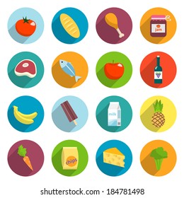 Online supermarket foods flat icons set of meat fish fruits and vegetables isolated vector illustration