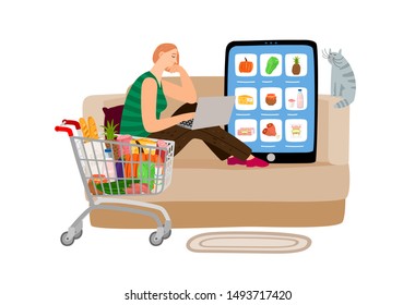 Online supermarket. Girl orders food from home. Grocery store app vector concept