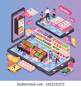 Online supermarket isometric composition on smartphone screen with shopping trolleys fruit vegetables shelves products customers vector illustration 