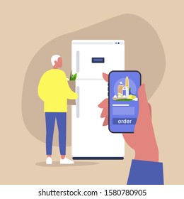 Online supermarket, ordering food delivery with a smartphone, young male character standing in front of the fridge and holding a grocery paper bag
