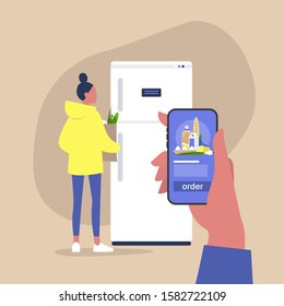 Online supermarket, ordering food delivery with a smartphone, young female character standing in front of the fridge and holding a grocery paper bag