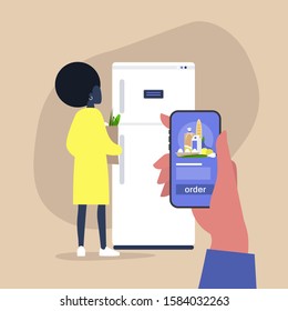 Online supermarket, ordering food delivery with a smartphone, young black female character standing in front of the fridge and holding a grocery paper bag