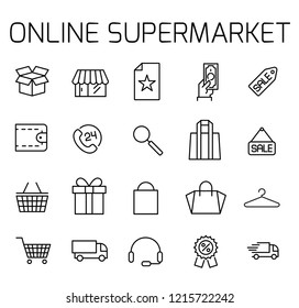 Online supermarket related vector icon set. Well-crafted sign in thin line style with editable stroke. Vector symbols isolated on a white background. Simple pictograms.