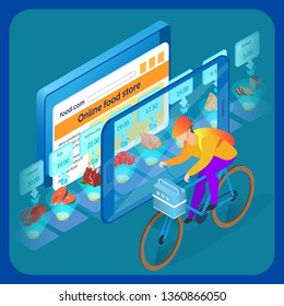 Online Supermarket Website Isometric Illustration. Smartphone Mobile Application Promotion Banner. Meat, Poultry, Seafood Internet Ordering Typography. 3d Cartoon Delivery Guy with Portable Fridge Box
