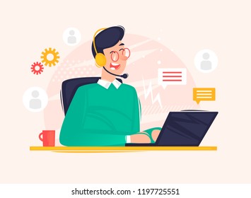 Online support, 24 hours, man answers questions. Flat design vector illustration