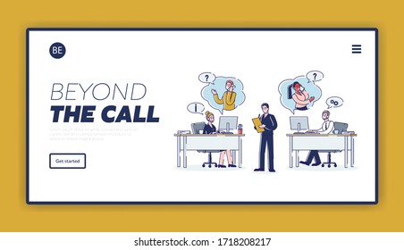 Online Support And Call center Concept. Website Landing Page. Call center Operators In Headphones Consult Customers And Share An Information. Web Page Cartoon Linear Outline Flat Vector Illustration