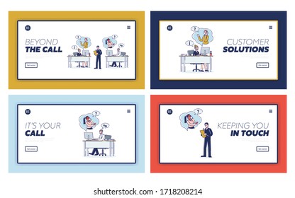 Online Support Call Center Work. Website Landing Page. Call center Operators Team In Headphones Consult Customers On Different Issues. Web Page Cartoon Linear Outline Flat Vector Illustrations Set