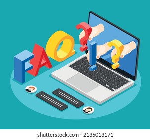 Online Support center FAQ concept with laptop exclamations and question marks isometric background vector illustration