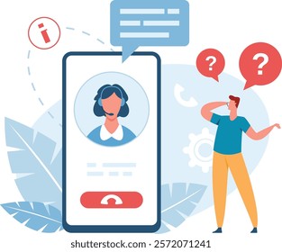 Online support center operator helping customer solving problems using mobile app and providing technical assistance, troubleshooting and information to client