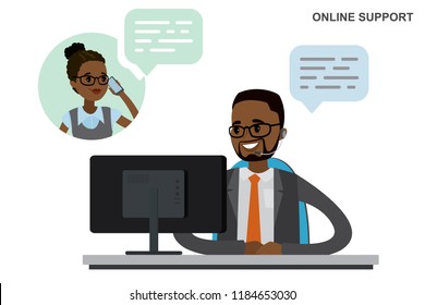 Online support and chat concept,male operator behind a desk and african american female consumer is calling by phone,cartoon vector illustration