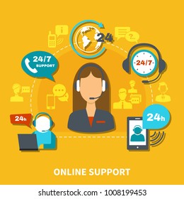 Online support composition on yellow background with operator in headset during communication by mobile devices vector illustration