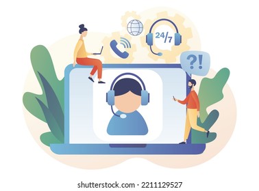 Online support concept. Customer service. Call center. Hotline operator in headset on laptop screen consults client. Modern flat cartoon style. Vector illustration on white background