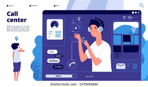 Online support concept. Customers in call center chat with operator, consultant helps client. 24x7 support vector landing page. Illustration operator support, help chat for customer