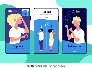 Online support concept. Customers chat operator, consultant answers client. Call center, customer service vertical vector layouts. Operator call, service support customer, help online illustration