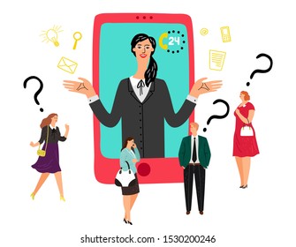 Online support concept. Customers chat with operator, consultant helps client. 24x7 support vector