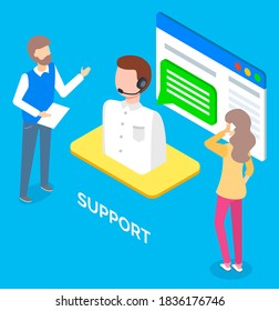 Online support concept. Flat male support in headphones, client service staff worker talking to woman customer with telephone. Call center service and help. Woman asking questions and getting answers