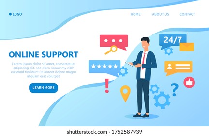 Online Support concept with a man holding a digital device surrounded by internet search, rating, ranking and chat icons, colored vector illustration