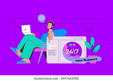 Online support concept in modern flat design for web. Operator answering clients calling, chatting and solving technical problems. Vector illustration for social media banner, marketing material.