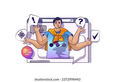 Online support concept with people scene in flat cartoon design for web. Man works at helpline, answering clients, solving problems. Vector illustration for social media banner, marketing material.