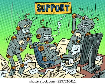 Online-Support-Konzept. Roboter-Manager lachen, lesen Sie den Kundenbrief. Hilfe-Service