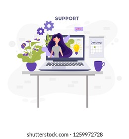 Online support concept.Online global technical support 24 7. Vector illustration Idea of advice, help, assistance.