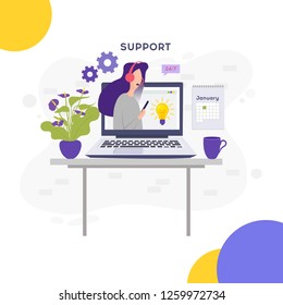 Online support concept.Online global technical support 24 7. Vector illustration Idea of advice, help, assistance.