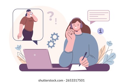Online support and consulting. Hotline or psychology service. Call center worker talking with woman, consultation. Administrator vector concept