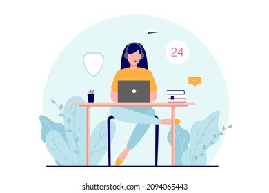 Online support, customer service, call center. Assistant sitting in front of laptop and answering customer questions vector illustration.