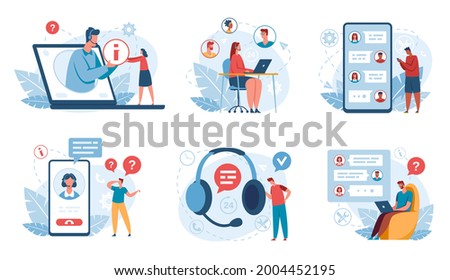 Online support. Customer service operators helping clients. Hotline, call center, technical support, virtual assistant concept vector set. Chat with consultants on laptop, smartphone,