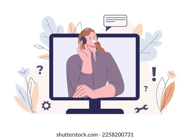 Online support, faq service or chat bot concept. Social worker in internet, female in headphones on computer screen, vector digital personal assistant character
