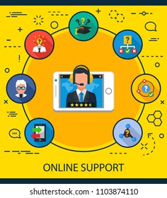 Online support flat icons concept. Vector illustration. Element template for design.