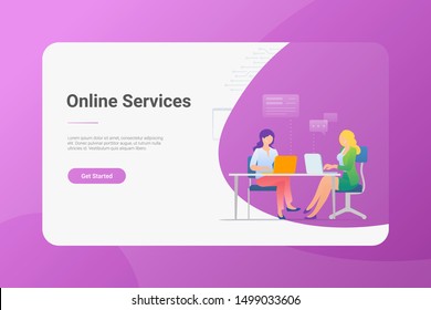 Online Support Flat vector illustration. Women sitting at Table working chatting with Laptop Notebook.