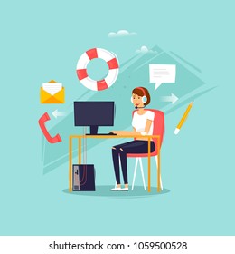 Online Support. Girl answers the phone. Flat design vector illustration.