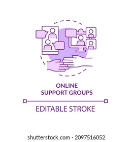 Online Support Group Purple Concept Icon. Therapy Sessions Abstract Idea Thin Line Illustration. Virtual Community. Isolated Outline Drawing. Editable Stroke. Roboto-Medium, Myriad Pro-Bold Fonts Used