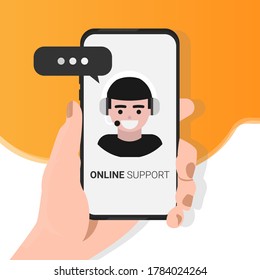 Online Support. Hand Holding Smartphone With Opened Virtual Assistant App Over Yellow Background. Vector, Illustration