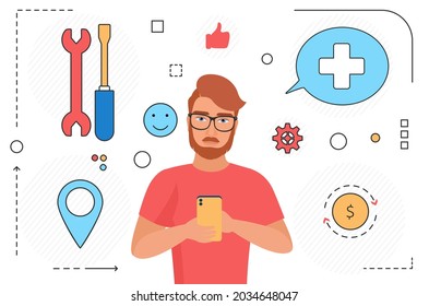 Online support to help man character with mobile phone and line icons isolated on white