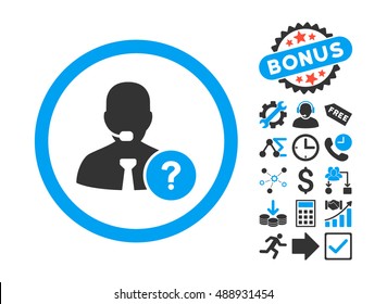 Online Support icon with bonus design elements. Vector illustration style is flat iconic bicolor symbols, blue and gray colors, white background.