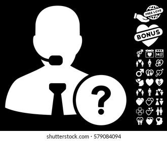 Online Support icon with bonus romantic pictograms. Vector illustration style is flat iconic white symbols on black background.