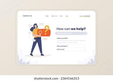 Online support illustration on FAQ website page template