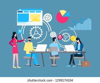Online support, Internet payment and transaction vector. Men and women in headphones with laptops, website and message, graphic and diagram, operators