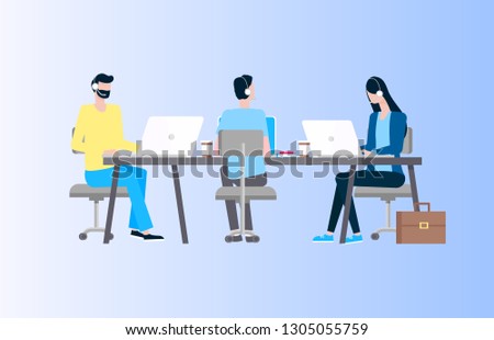 Online support and Internet security operators vector. Men and women in headphones at laptops with paper coffee cups, web help or informative aid