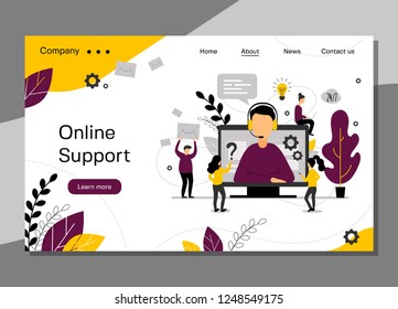 Online support landing page, 24h customer service for web page, hotline technical support, virtual help service - vector illustration