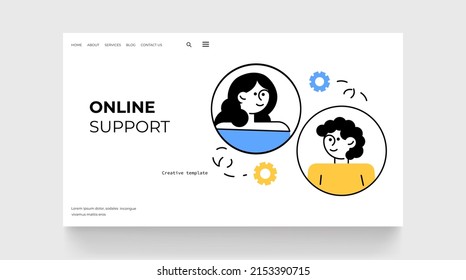 Online support landing page. Character talking about problem. Outline style concept. Online chat man and woman. Vector illustration