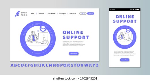 Online support - landing page and mobile app interface design, speaking operator, 24 hour technical assistance service, vector illustration