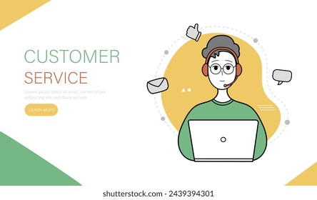 Online support landing page template. Man with headphones and with computer. Customer service, online and phone consultation. Vector illustration.