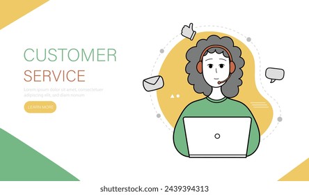 Plantilla de página de destino de soporte en línea. Mujer con auriculares y con ordenador. Atención al cliente, consulta online y telefónica. Ilustración vectorial.