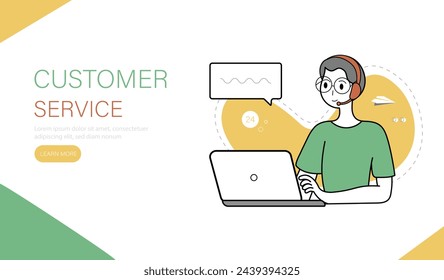 Online support landing page template. Man with headphones and with computer. Customer service, online and phone consultation. Vector illustration.
